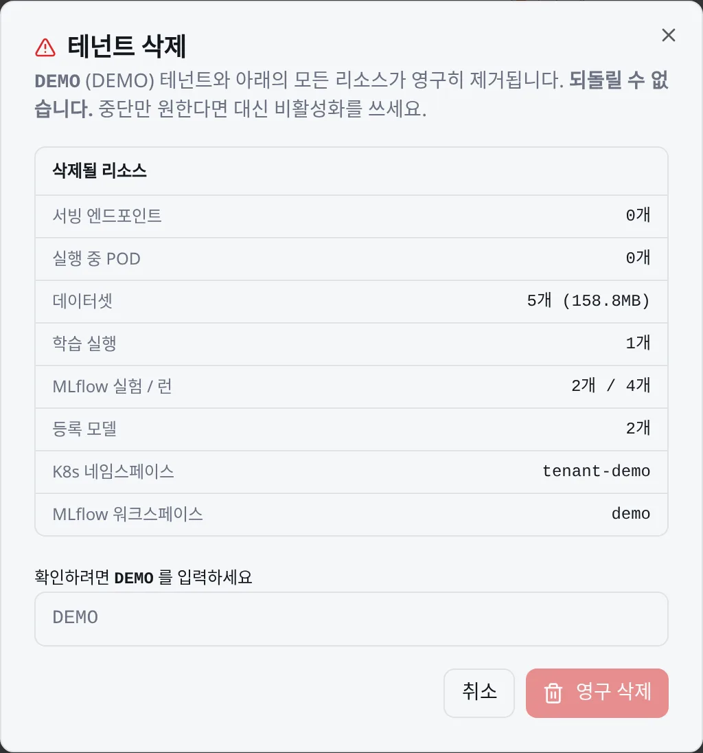 테넌트 삭제: 삭제될 리소스를 보여 주고 코드를 입력해야 열린다 (촬영에서는 실행하지 않음)
