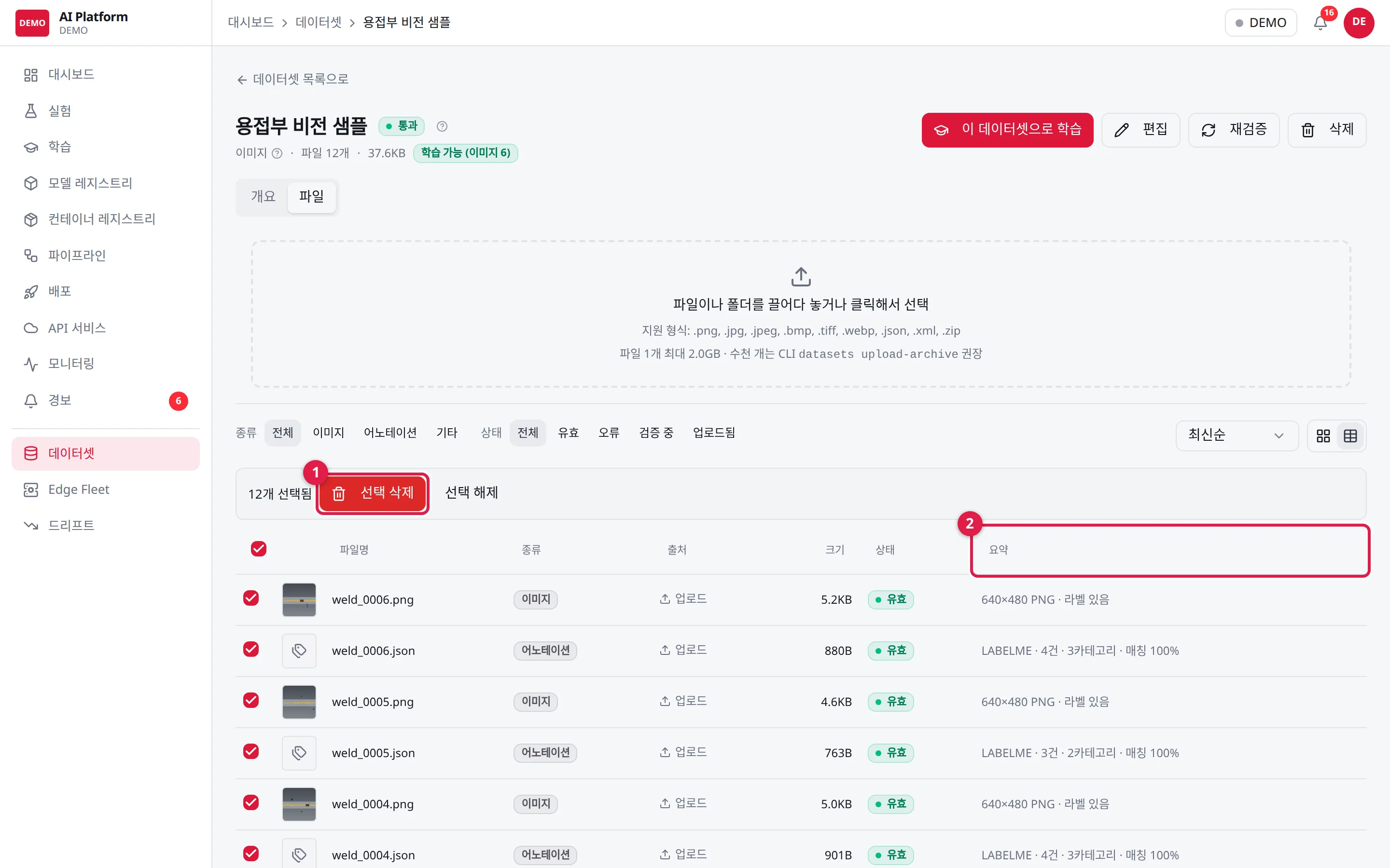 파일 탭(테이블): ① 여러 파일을 골라 한꺼번에 삭제 ② 요약(크기·라벨·매칭률)