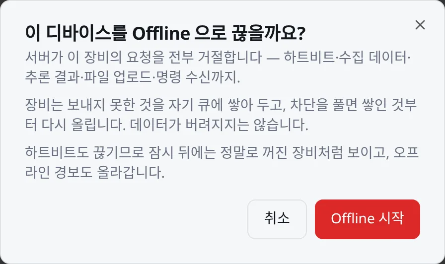 Offline 확인: 서버가 이 디바이스의 요청을 모두 거절한다. 디바이스는 데이터를 쌓아 두므로 잃는 것은 없다