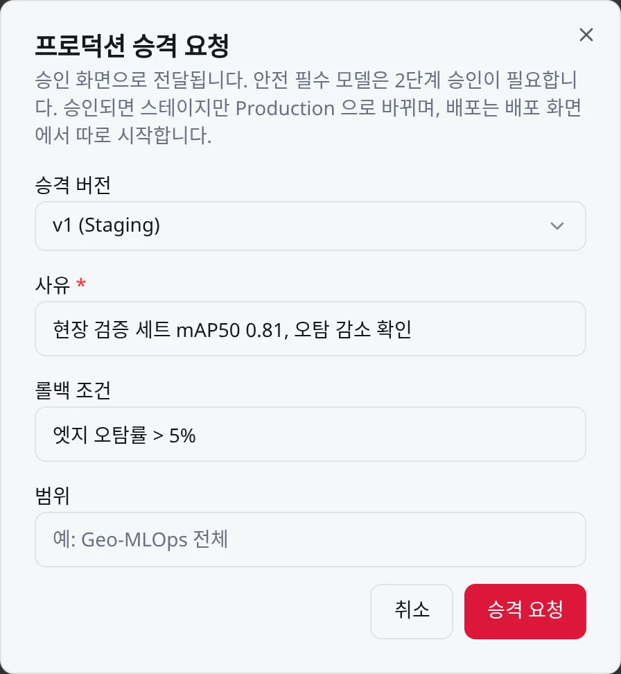 프로덕션 승격 요청: 승격 버전·사유·롤백 조건·범위